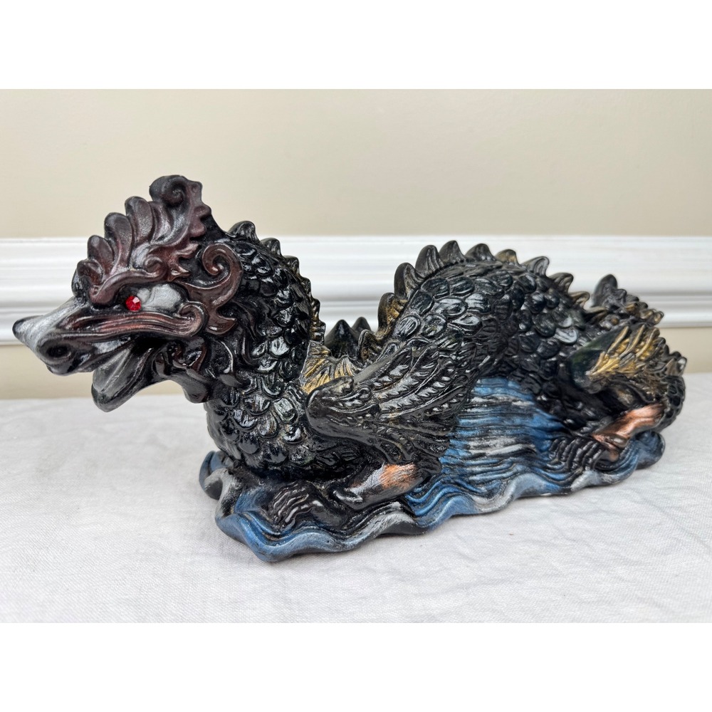 Vintage Chalkware Dragon Figurine Black Gold Sea Serpent Mythical Statue 12.5in